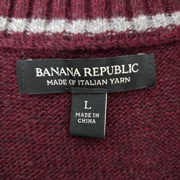 BANANA REPUBLIC Quarter 1/4 Zip Sweater Wool Italian Yarn Men L Burgundy Striped - Picture 12 of 13
